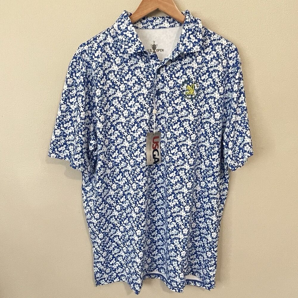 NWT US Open Mens L LACC Polo Golf Shirt USGA 123rd Blue Floral Lightweight Top